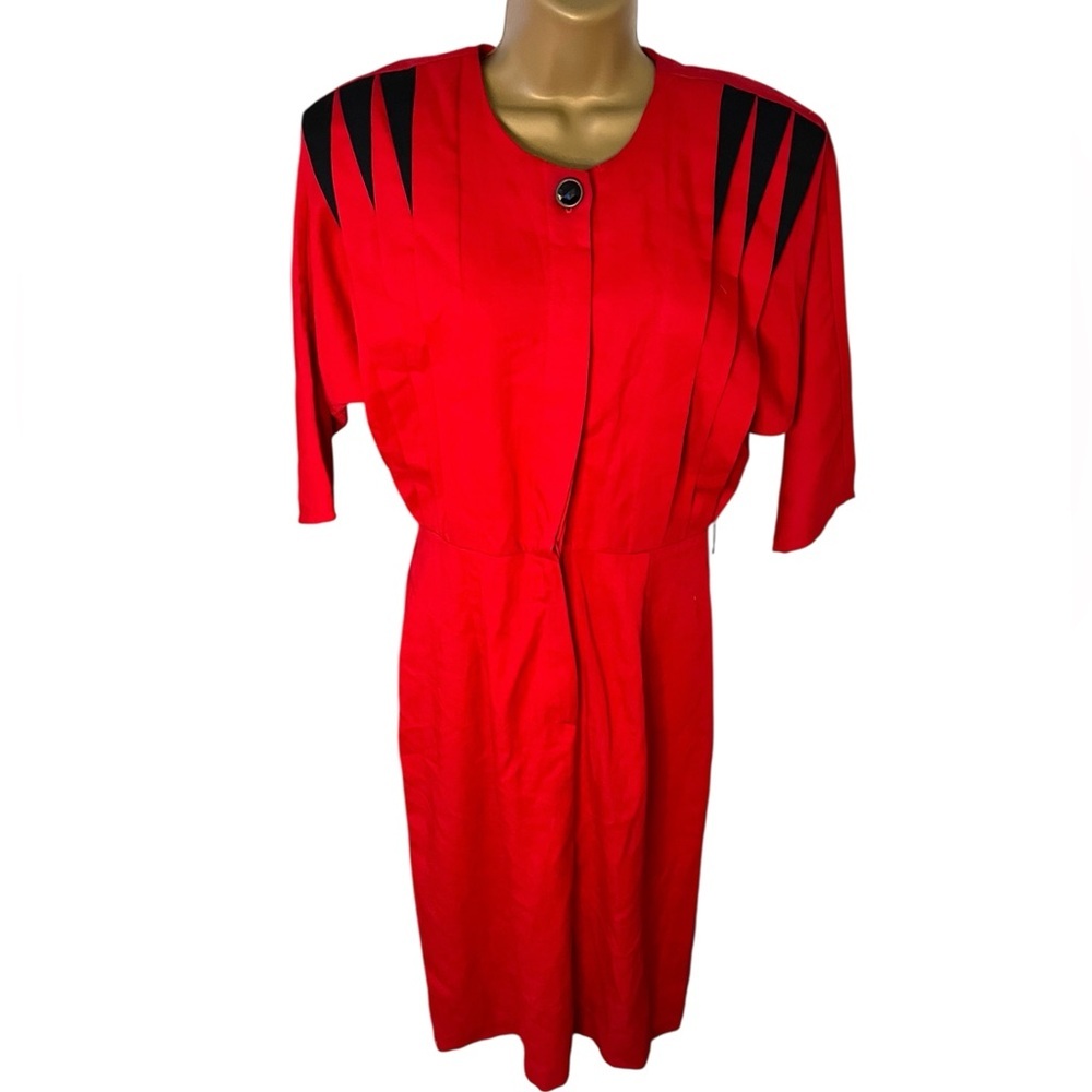 Vintage 80s Caroline Wells Collection Power Shoulder Midi Dress Red 8P